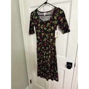NWT Lularoe Nicole Dress Ladybug Leaves Black Stretch Dress Sz XXS